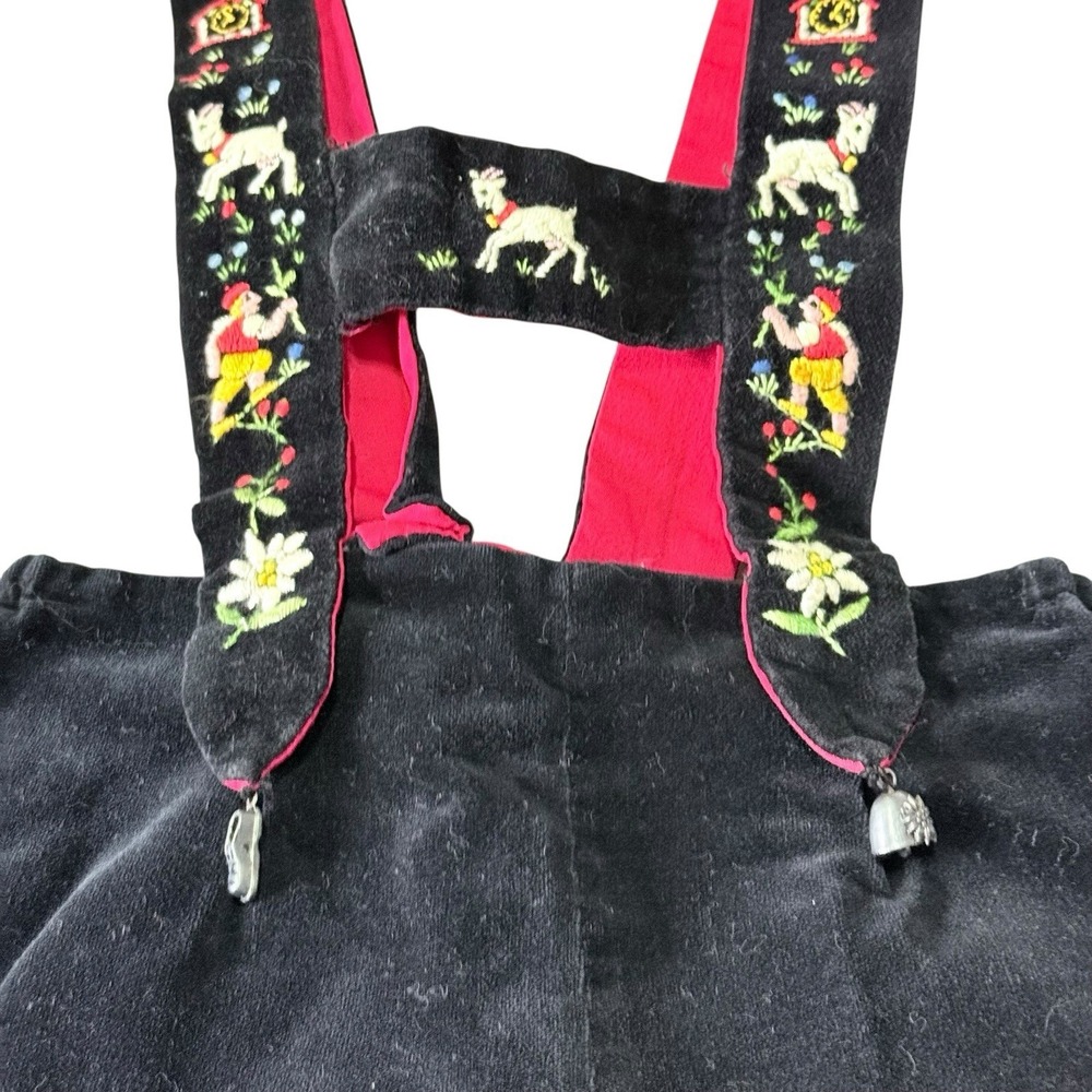 Vtg Unisex Toddler Sz 2 Lederhosen Black Velvet Embroidered‎ Switzerland Made